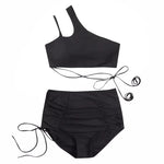Sexy Korean Fashion One Shoulder Crop Top Mujer Black Drawstring Shorts Bottoms Bikinis Sets Two Pieces Swimsuit Padded Swimwear