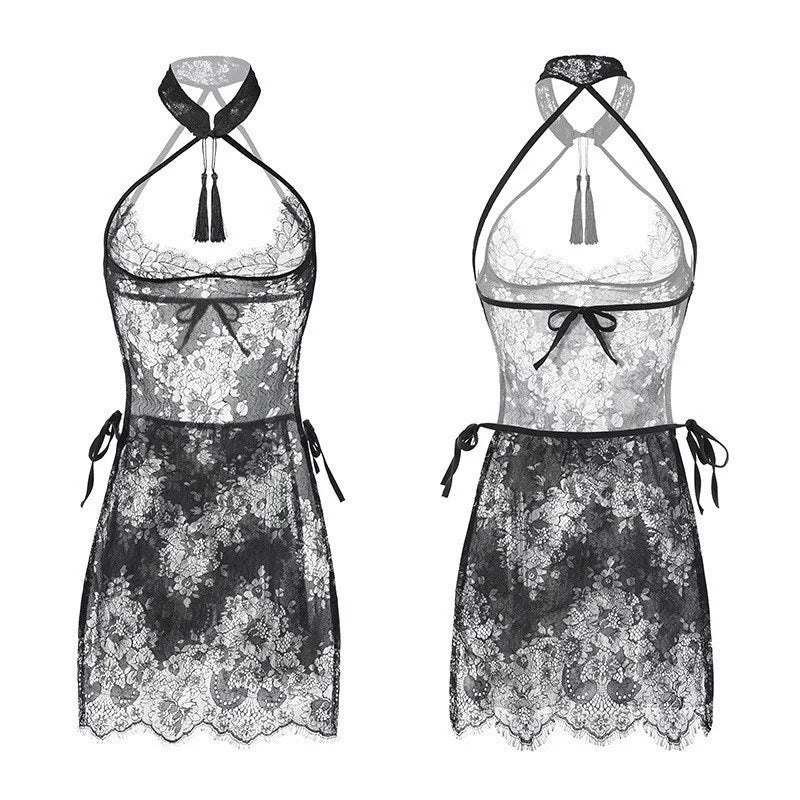 Sexy Qipaofor Women Sheer Mesh Qipao Lingerie Set - Vintage Chinese Style Babydoll with Tassels, Frog Buttons & High Side Slit