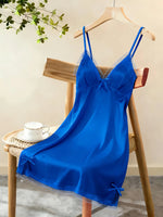 Women Satin Nightdress Lace Trim Slip Dress Spaghetti Strap Silky Nightgown Elegant Sleepwear Home Lingerie