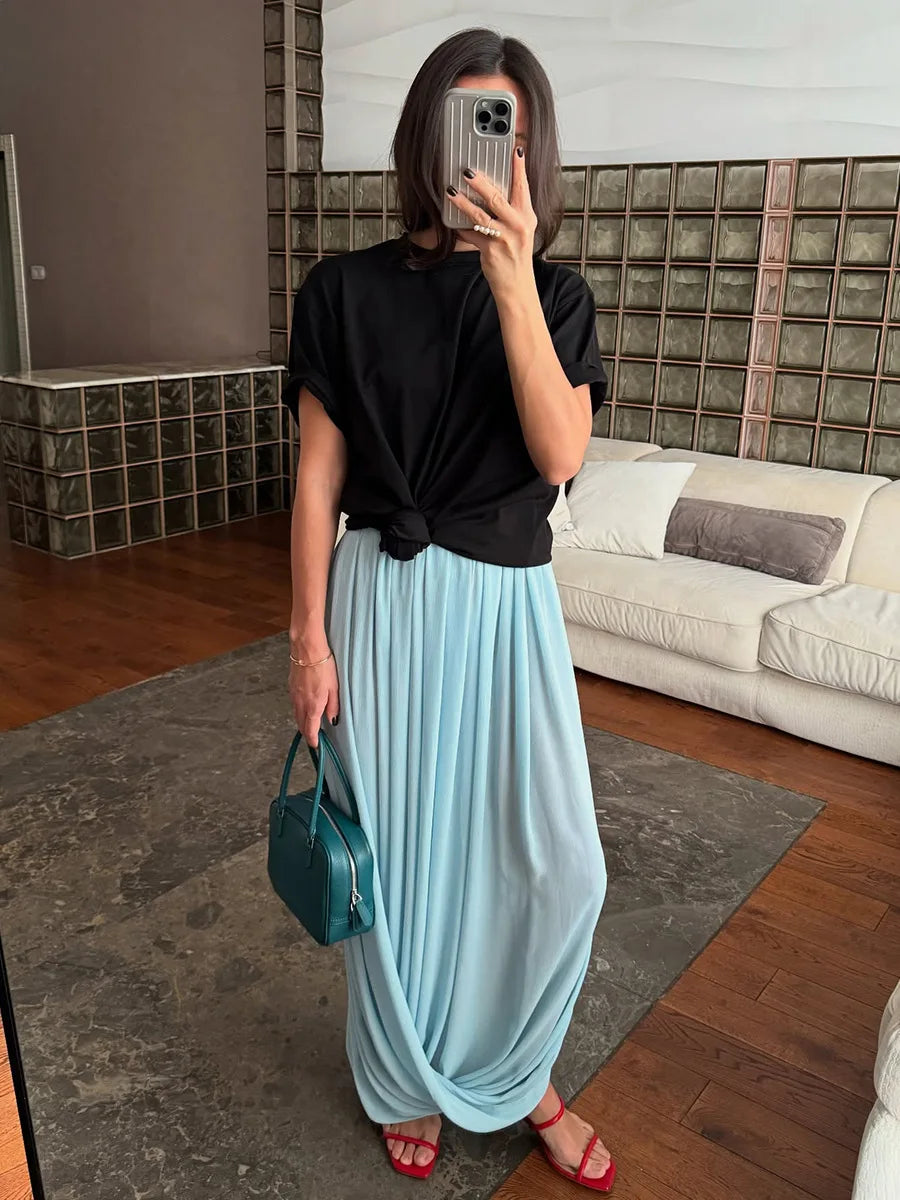 FDYOUI Elegant Solid Color Pleated Skirts for Women 2026 Chic High Slit Long Skirt High Street Office Lady Vacation Party Dress