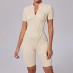 Summer Zipper Workout Jumpsuit Sports Overalls Women Running Fitness Short Sleeve Yoga Bodysuit