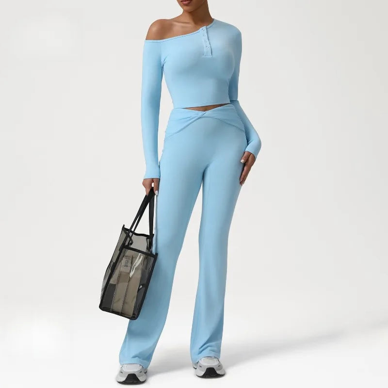 2 Pieces Women's Seamless Yoga Set Long-sleeved Shirt Flared-pants Tracksuit Running Fitness Sports Set Slim-fit High Waist Suit