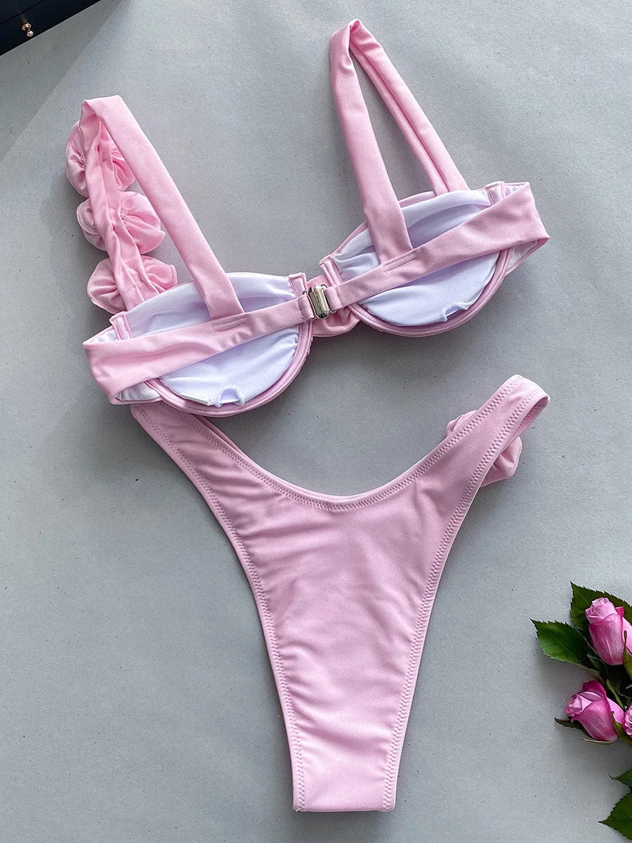 Sexy 3D Flowers Underwired Brazilian Bikini Women Swimwear Female Swimsuit Two-pieces Bikini Set Triangle Bathing Suit Swim Lady
