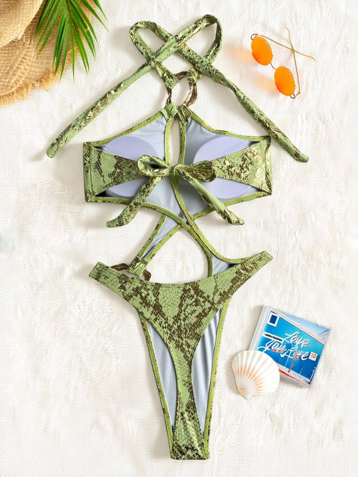 Shiny Blue Snakeskin Print One Piece Swimsuit Women 2026 Sexy Hollow Out Backless Metal Cross Bathing Suit Swimwear Monokini