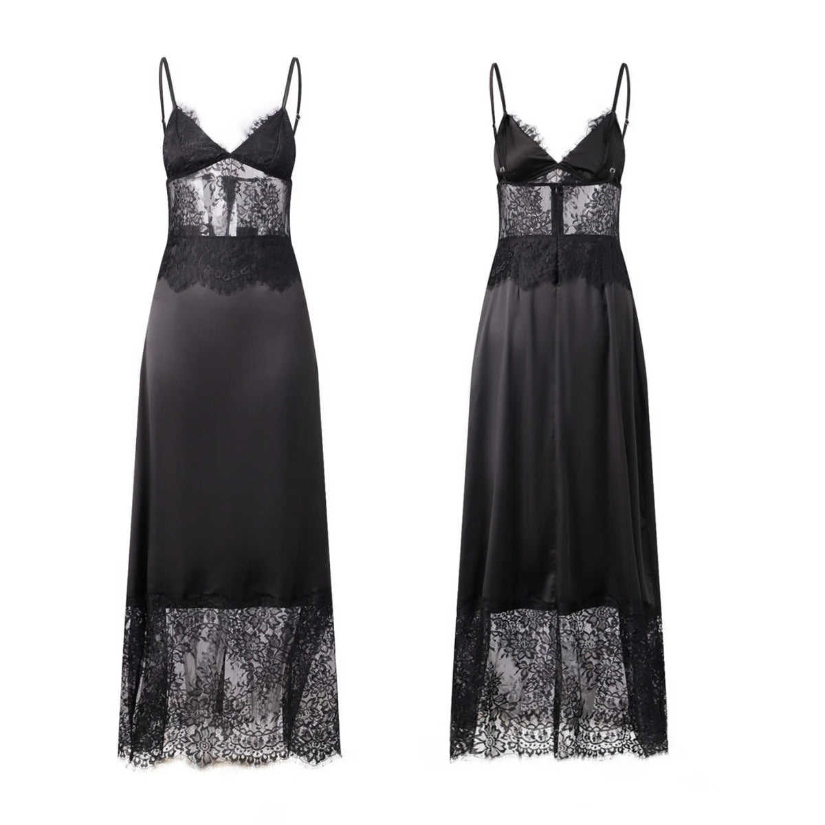 2026 Summer Women's Lace Patchwork Satin Dress Sleeveless Spaghetti Strap V Neck Long Dress Retro Sexy Elegant Dresses