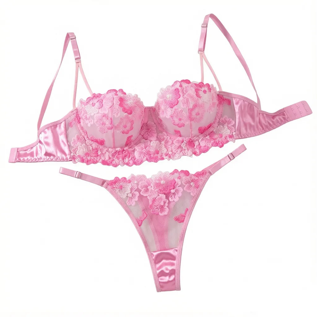 Pink 3D Floral Embroidery Lace Lingerie Set Underwire Bra With Matching Thong Women Sexy Intimates ZA825121