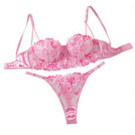 Pink 3D Floral Embroidery Lace Lingerie Set Underwire Bra With Matching Thong Women Sexy Intimates ZA825121