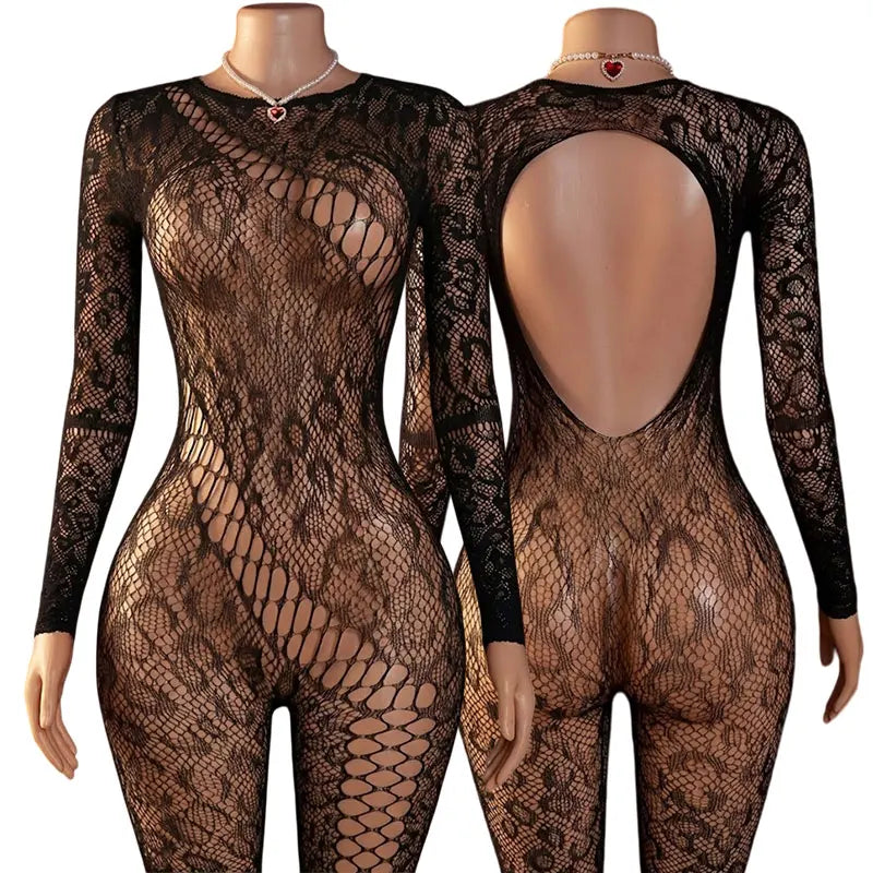 Women's One-Piece Trousers Tights Long Sleeve Half See-through Off-Shoulder Party Outfit Crotchless Bold Underwear Sexy Body Set
