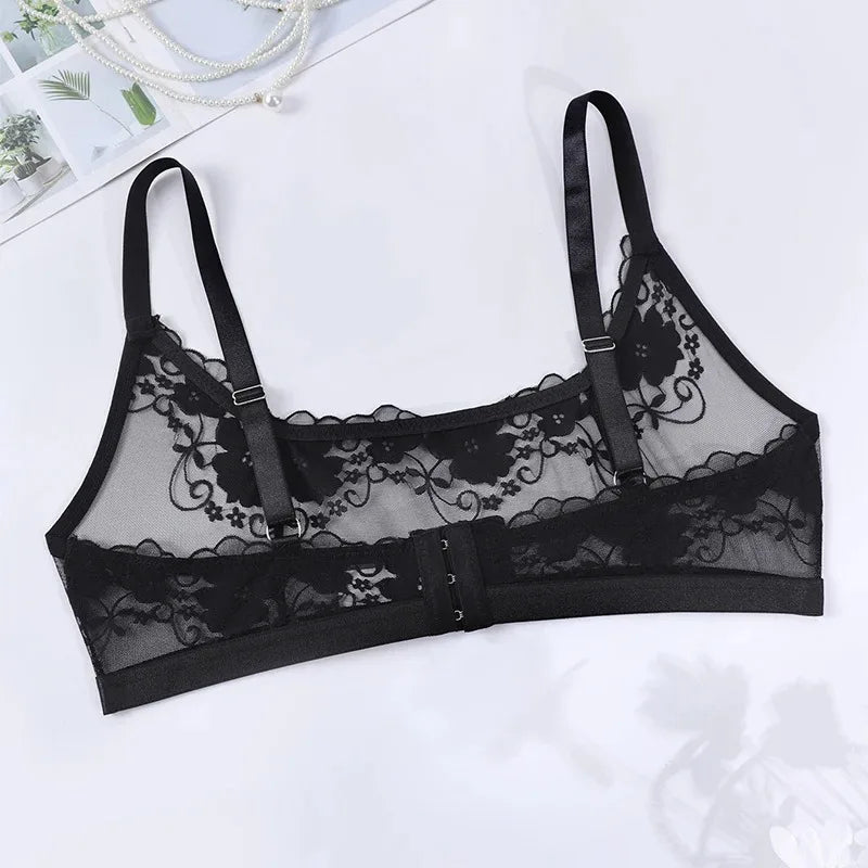 1pcs Plus Size 1XL-4XL Sexy Lace Women's Bras No Pad Breathable Sexy Lingerie 3/4 Cup Black Female Underwear Perspective Bra