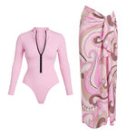 Black And Printed Long Sleeve Swimsuit With Cover Up Sexy Swimwear Women Surf Swim Suit Slimming Bathingsuit Bodysuit Beachwear