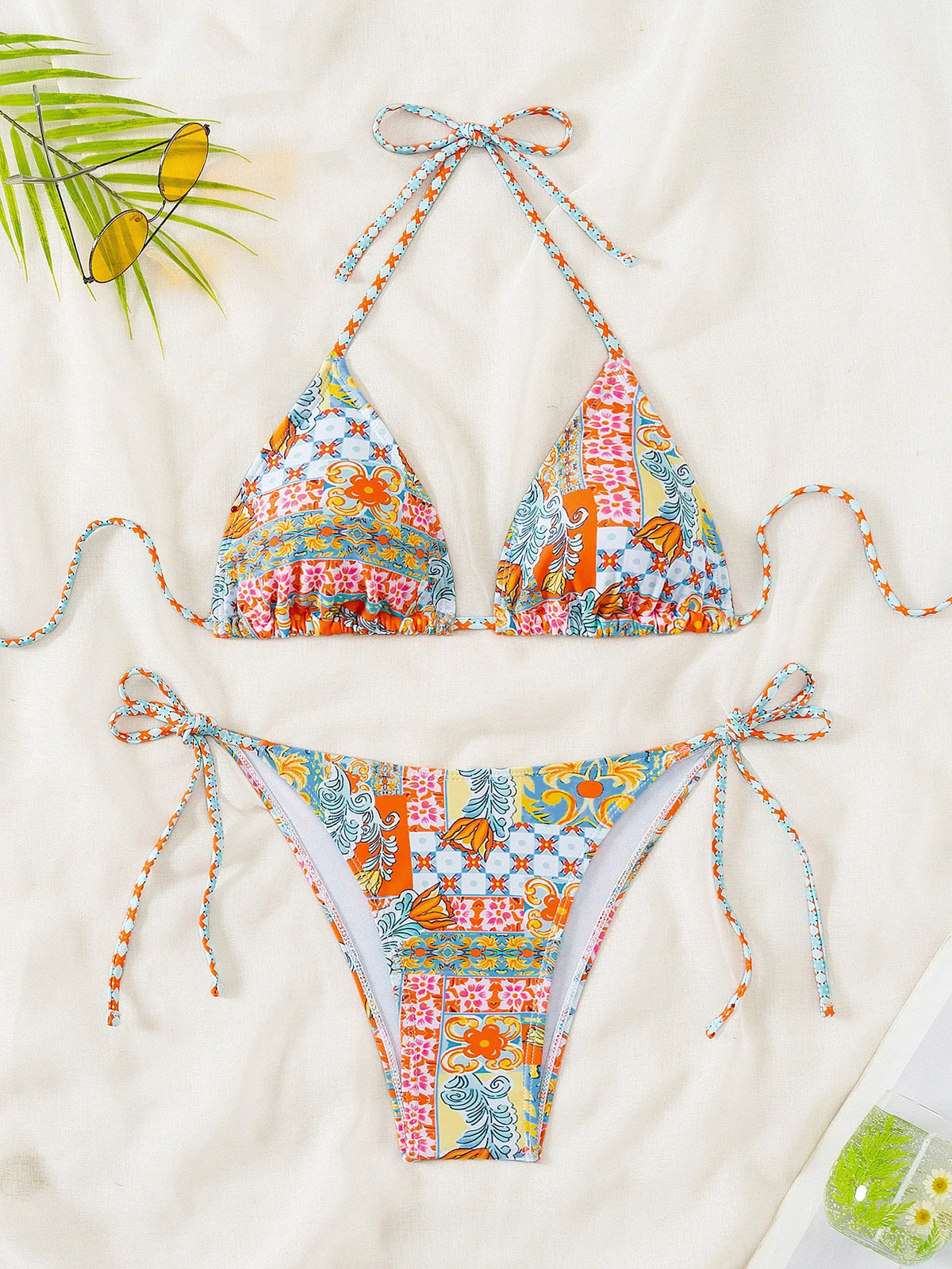 Blue Floral Print 2 Piece Micro Bikini Set for Women 2025 New Push Up Bra Thong Swimsuit Beach Bathing Suit Holiday Swimwear