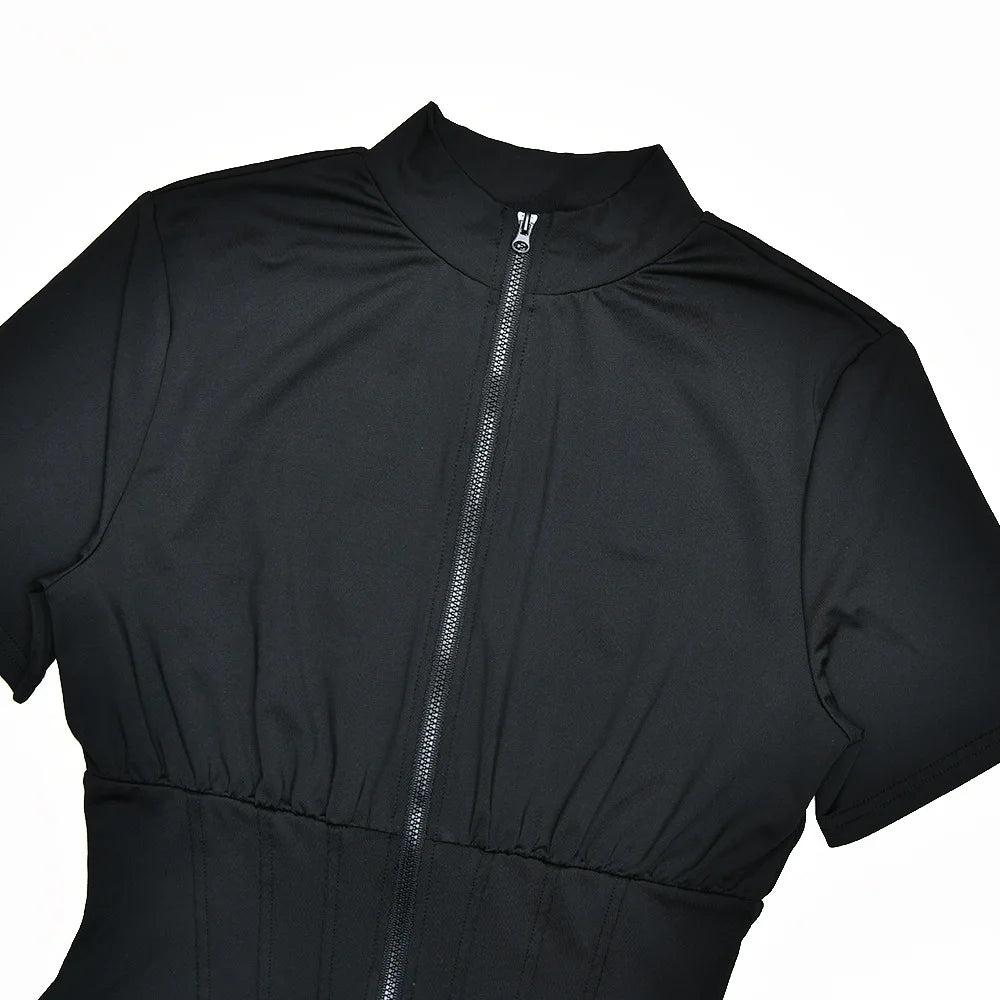 FDYOUI New 2026 Summer Zip-up Corset Playsuits Women Casual Short Sleeve Sports Fitness Overalls One Piece Tunics Yoga Bodysuit