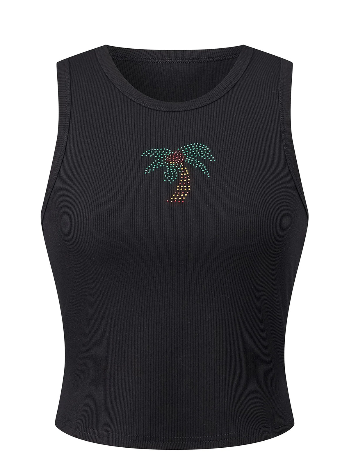 Summer Women's Tank Tops Rhinestone Printed Sleeveless Round Neck Ribbed Vest for Beach Club Daily Out Going Wear