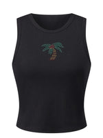 Summer Women's Tank Tops Rhinestone Printed Sleeveless Round Neck Ribbed Vest for Beach Club Daily Out Going Wear