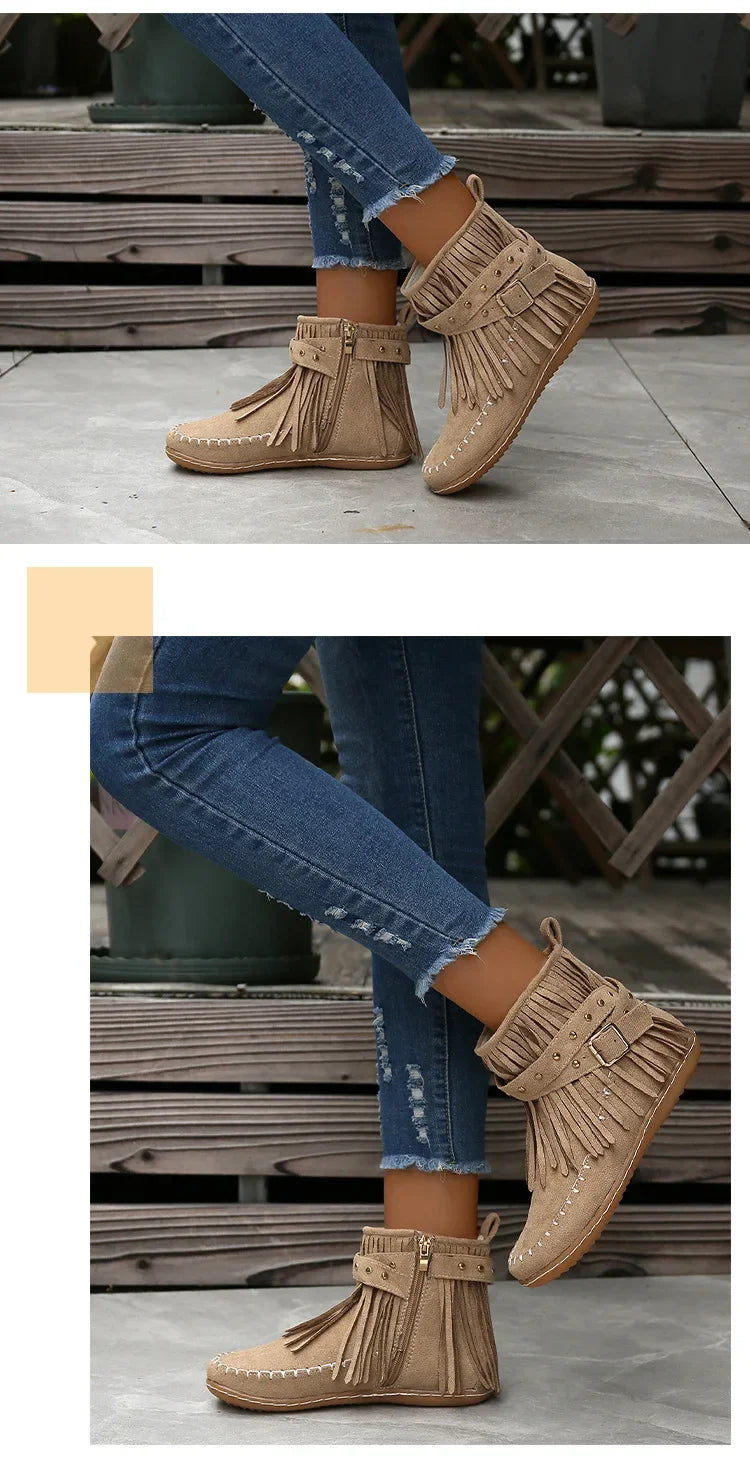 Vintage Women Boots Suede Ankle Boots Fringe Women Shoes Winter Boots Women Side Zipper Casual Shoes Ladies Snow Boot