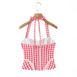 Early Spring New French Style Sexy Sweet Lace Patchwork Slim Fit Halter Neck Tie Plaid Strap For Woman Cute Pure Desire DW8V