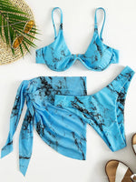 Marble Print V-Bar Underwired Bikini Women Swimsuit Female Swimwear Three-pieces Bikini Set Push Up Bathing Suit Beach Sarong
