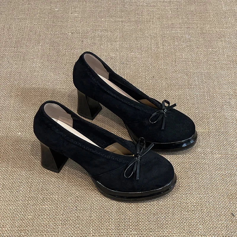 Spring Autumn Platform Mary Jane Shoes Women Thick High Heels Shoes Vintage Slip on Butterfly-knot Pumps 2026 New