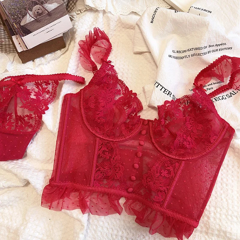 Women's French Lace Lingerie Set Sexy Ultra Thin See Through Bra & Thong Shaping Camisole Embroidery Underwear Set Hot Tushy P P