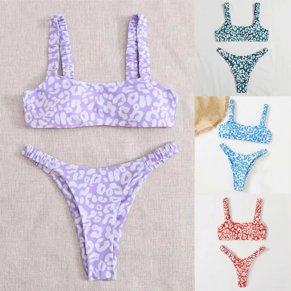 2 Pcs/Set Lady Swimwear Set Leopard Print Quick Dry Women Bathing Suit Slim Fit Wireless Summer Bikini Set For Beach