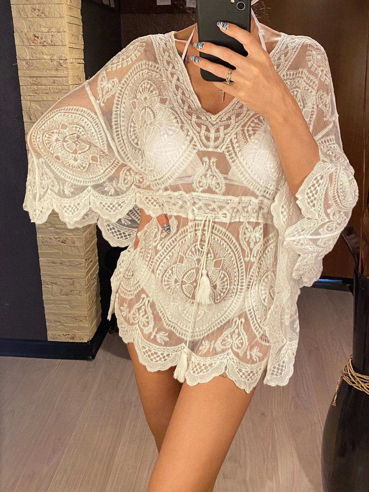2026 New Sexy Lace See Through Long Sleeve Tunic Beach Cover Up Cover-ups Beach Dress Beach Wear Beachwear Female Women V4528