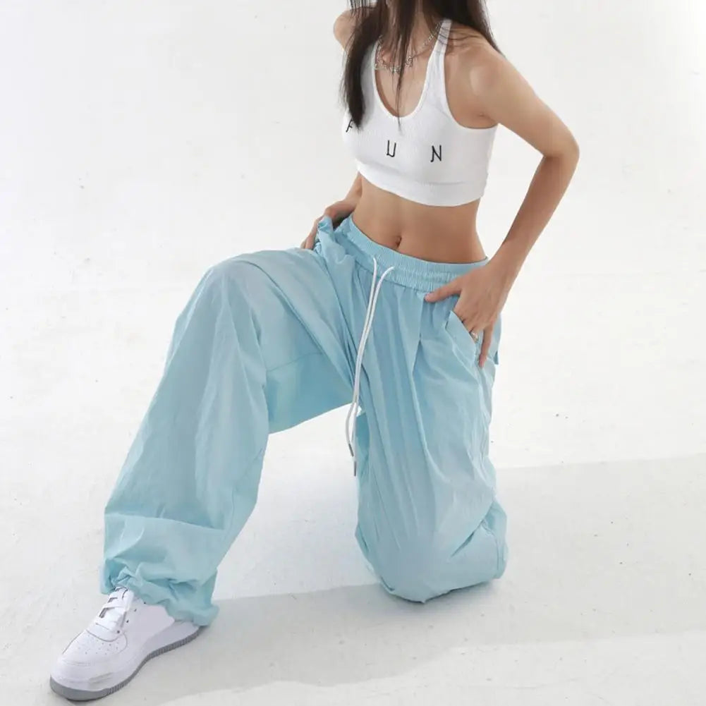 Women Sport Pants Wide Leg Elastic Waist Adjustable Drawstring Long Pants Solid Color Leisure Travel Cargo Trousers