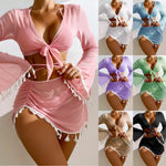 Sexy 4pcs Boho Tassels Trim Bikinis Sets Ladies Padded Bikini Set +cover Up Tops Skirts Beachwear Bathing Suit Biquini Monokini