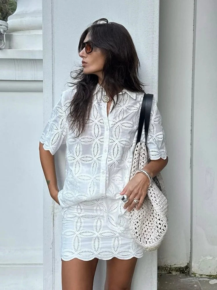 Foridol Summer Casual White Lace Dress Set for Women Hollow Out Embroidery Skirt Outfits 2 Pcs Loose Beach New Suit Skirt Set