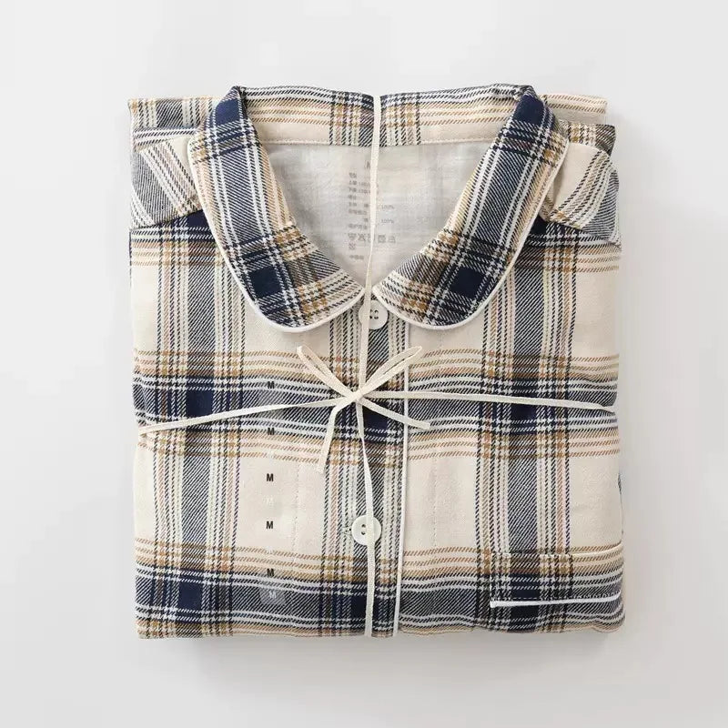Men Brushed Cotton Vintage Plaid Stripe Pajama Set Lapel Collar Long Sleeve Top Pants Home Sleepwear Loungewear