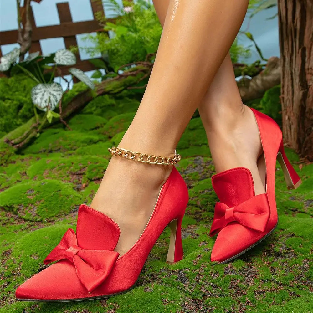 EUR Size 42 Satin RosyRed High Heeled Pumps Sexy Pointed Toe Bow Tie High Heels Slip On Red Party Shoes Women
