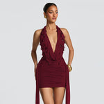 FDYOUI Elegant Halter Neck Water Drop Decoration Party Club Dress for Women 2026 Backless Bandage Folds Short Evening Dresses