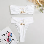 Luxury Metal Designer High Waist Bikinis Sets Women Solid White Black Bandeau Push Up Swimwear 2024 Bathing Suit Thong Swimsuit