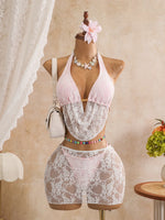 Sexy Black Mesh Shorts 3 Piece Bikinis Sets2026 Women Pearls Push Up Tassel Bra Swimsuit Beach Holiday Bathing Suit Swimwear