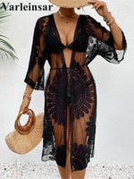 Sexy Embroidery Half Sleeve Chiffon Cardigan Tunic Beach Cover Up Cover-ups Beach Dress Beach Wear Beachwear Female Women V5510