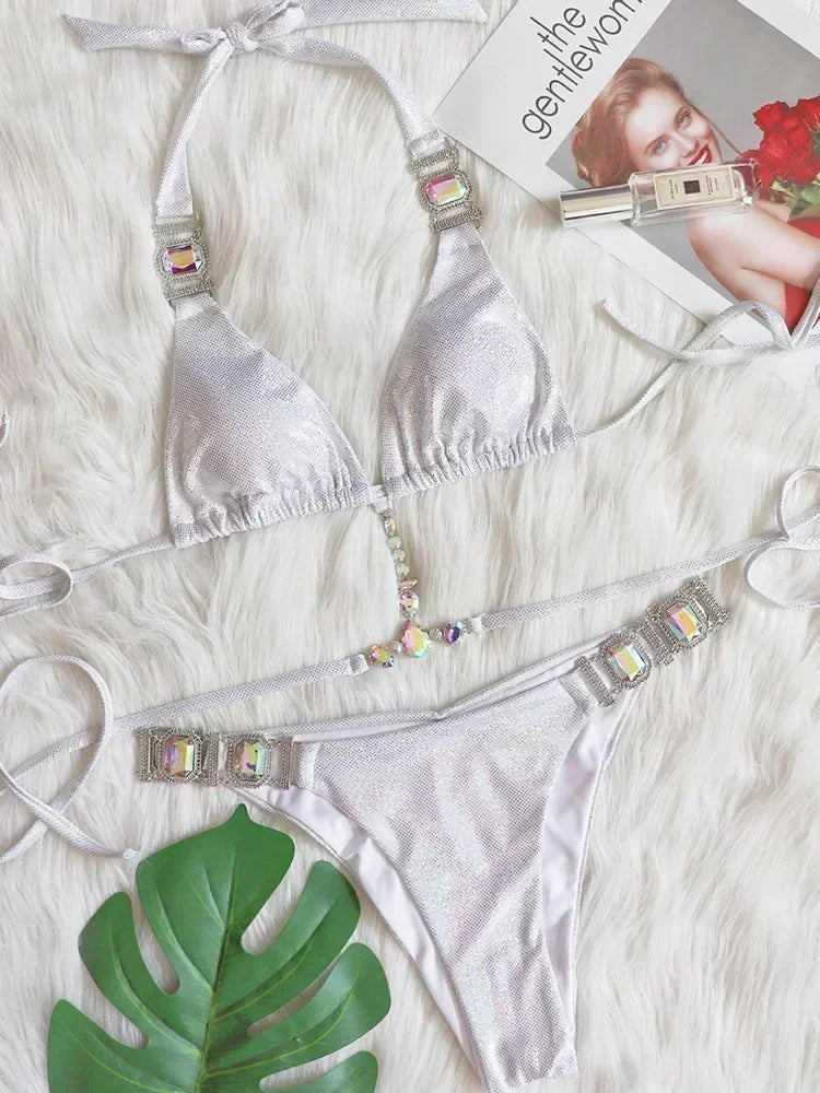 Halter Crystal Rhinestone Diamond Bikini 2026 Female Swimsuit Women Swimwear Two Pieces Bikini set Brazilian Bathing Suit Swim