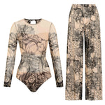 Colorful Printed Women One Piece Swimsuit Fashion Lady Long Sleeve Swimwear Retro Mujer Bodysuit with Pants Set Female Beachwear