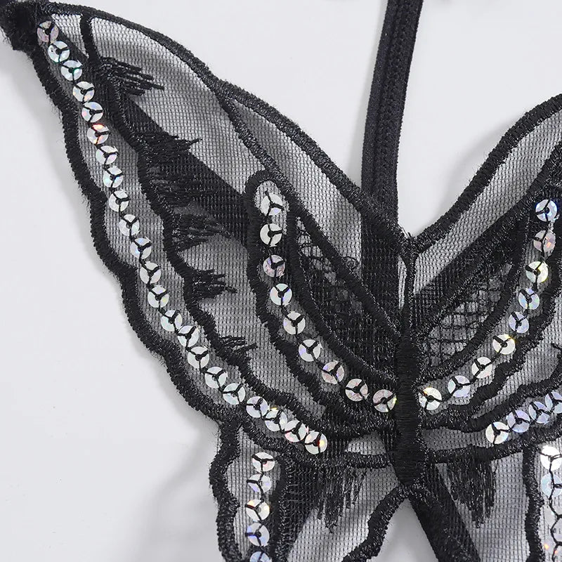 Double-Layer Thin Strap Sexy Thong Butterfly Embroidery Low Waist Sexy Bikini Pure Lace Sequins T-Shaped Panties Sexy G-strings