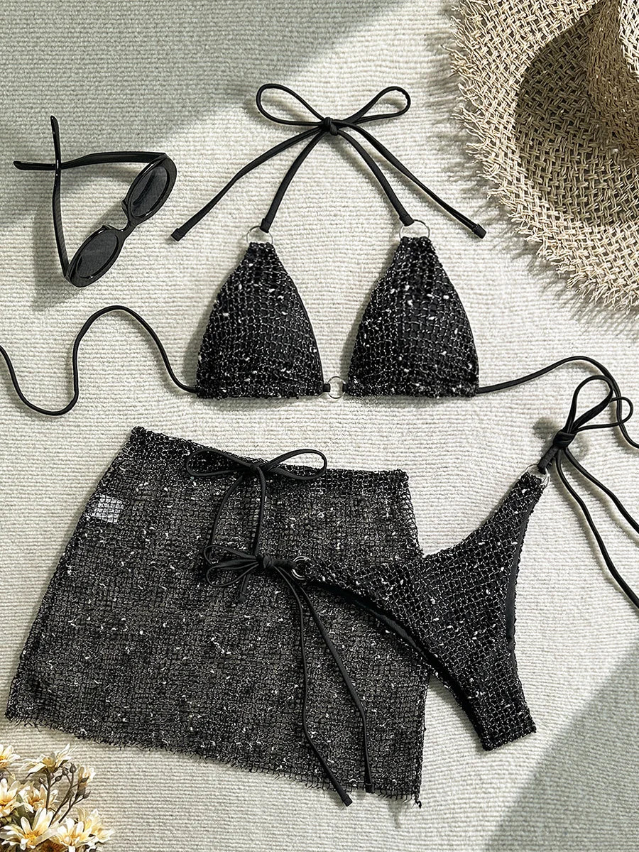 With Mesh Sarong Skirt Halter Bikini Women Swimwear Female Swimsuit Three-pieces Bikini Set Fishnet Bathing Suit Swim Beachwear