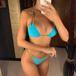 7 Colors Sexy Halter Bikini Female Swimsuit Women Swimwear Two-Pieces Bikini Set Metal Chain Bather Bathing Suit Swim Lady V2362
