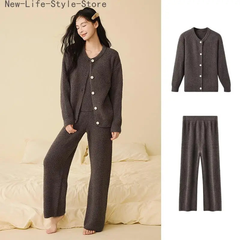Women Autumn Winter Korean Style 3 Piece Camisole Pajama Set New Soft Half Velvet Elegant Wearable Outside Loungewear Sleepwear
