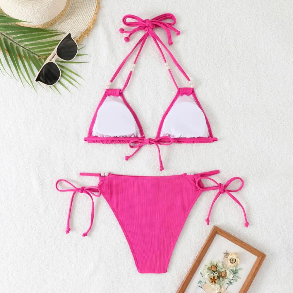 2Pcs/Set Women Bikini Set Adjustable Side Straps Halter Bra Low-rise Swimming Briefs Set Ladies Pure Imitation Pearls Swimwear