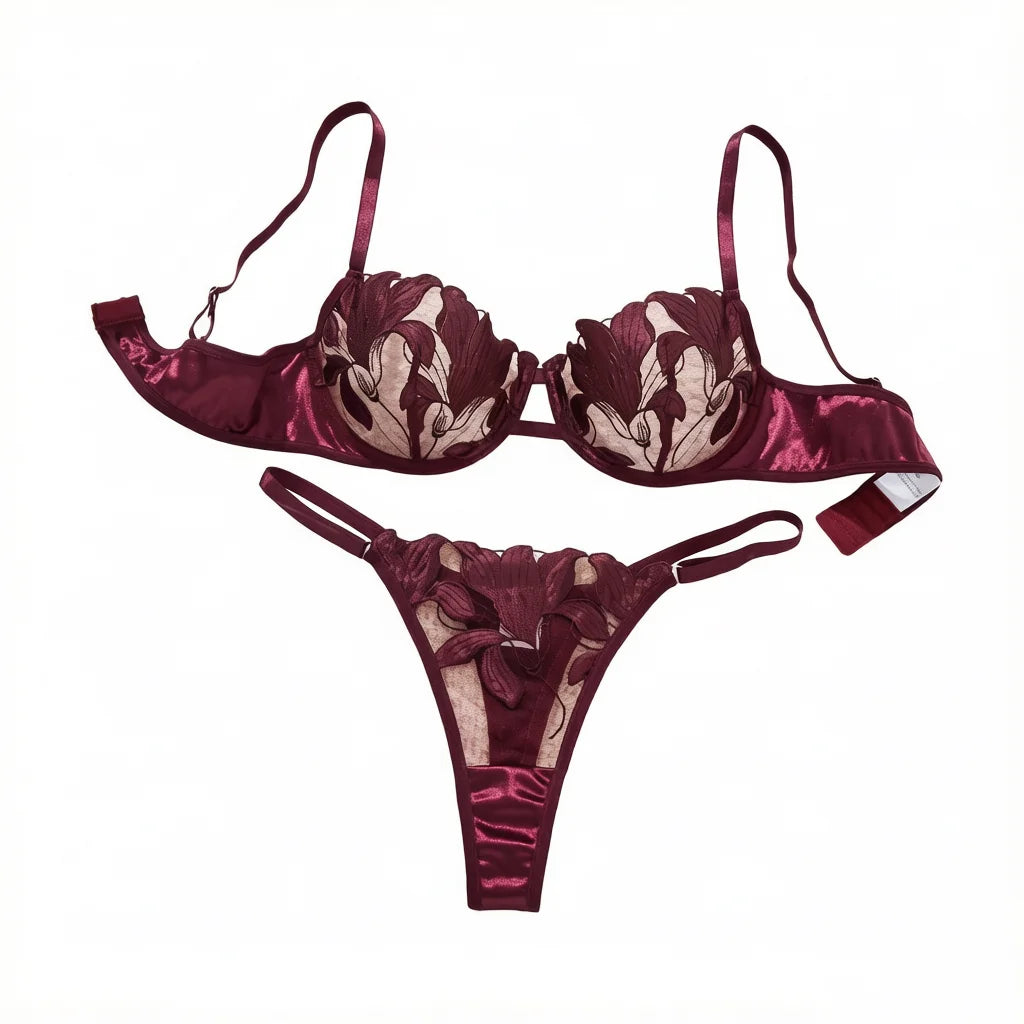 Burgundy Floral Embroidery Satin Lingerie Set Sheer Mesh Underwire Bra & Thong Women Sexy Underwear ZA824031