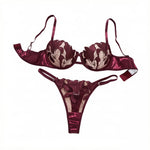 Burgundy Floral Embroidery Satin Lingerie Set Sheer Mesh Underwire Bra & Thong Women Sexy Underwear ZA824031