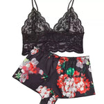 Women Floral Print 2 Piece Pajama Set Lace Spaghetti Strap Cami Top Bow Decor Satin Shorts Soft Silky Loungewear Ladies Sleepwea