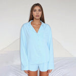 Women Fall 2 Piece Pajamas Set Solid Color Button up Long Sleeves Shirt and Elastic Shorts for Loungewear Soft Sleepwear