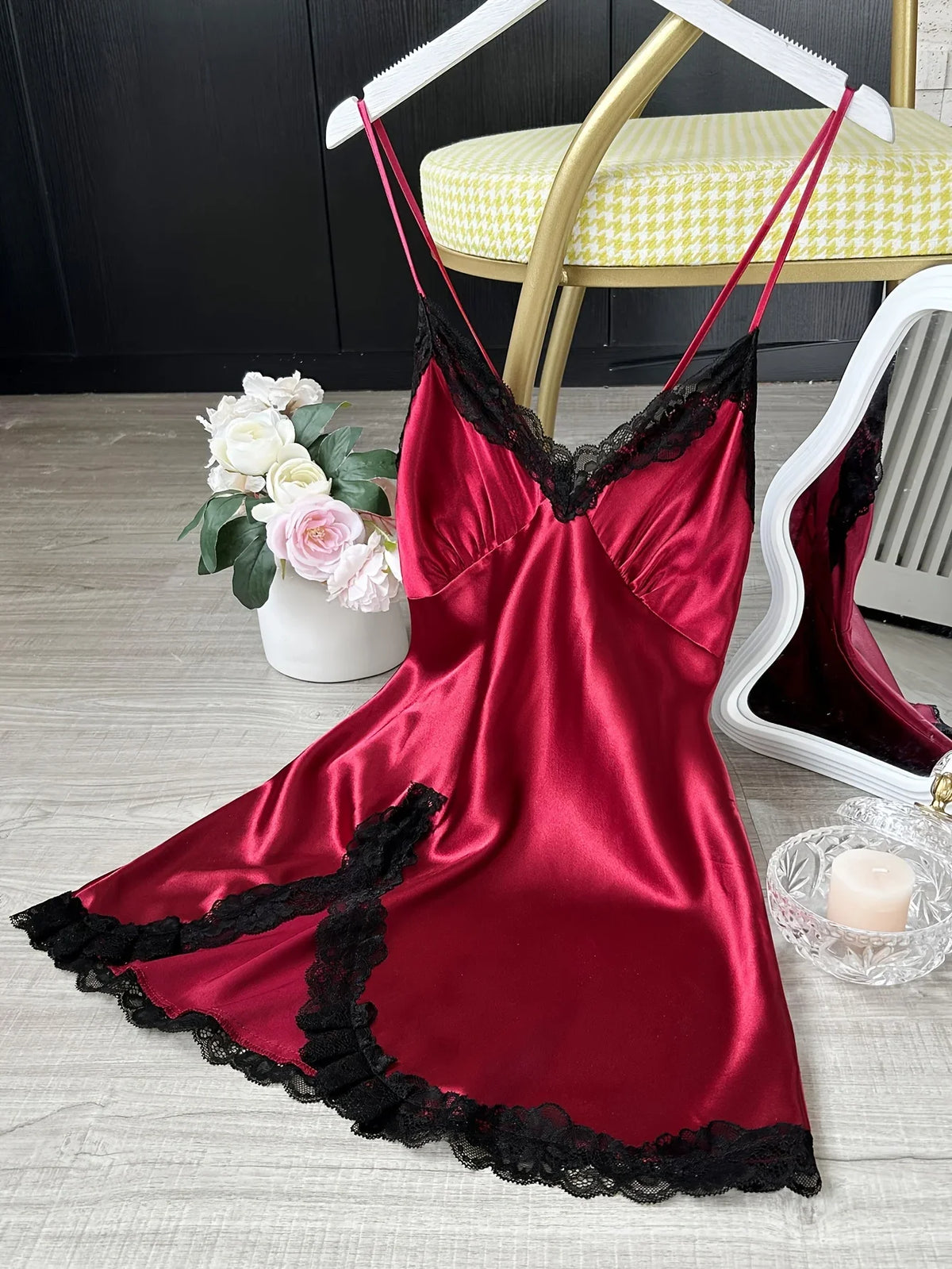 Women's Satin V-Neck Lace Trim Chemise 1-Pc Sexy Mini Nightdress