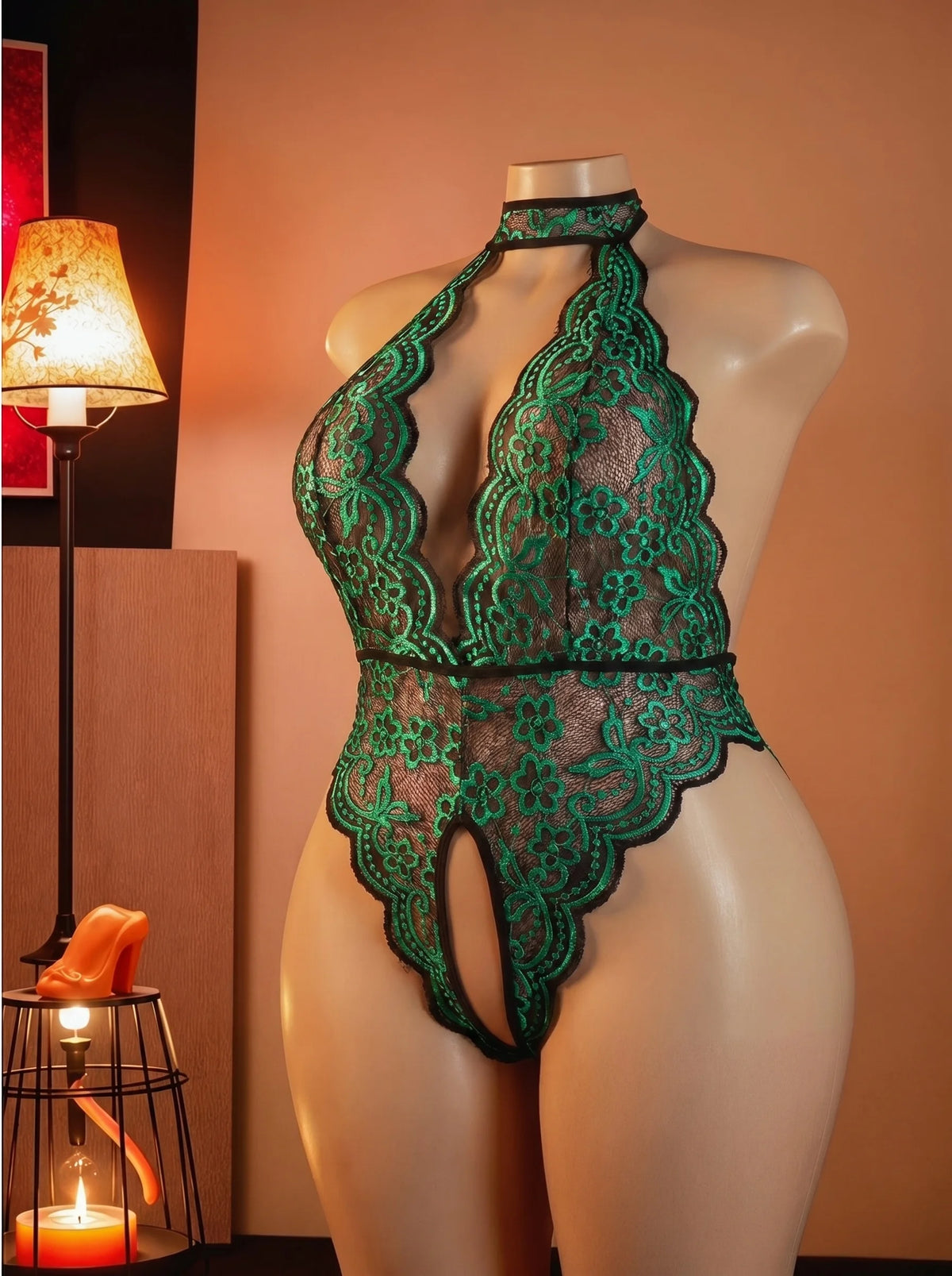 S-4XL Sexy Crotchless Halter Lingerie Women Lace Hollow Transparent Curvy Erotic Bodysuit Deep V Open Bra Underwear Set Babydoll