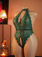 S-4XL Sexy Crotchless Halter Lingerie Women Lace Hollow Transparent Curvy Erotic Bodysuit Deep V Open Bra Underwear Set Babydoll