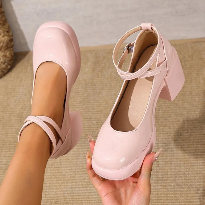 Fashion Ankle Strap Mary Janes Women 2026 PU Heel Pumps WomanParty High Heels Shoes Female