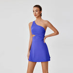 Sexy Hollow Waist Tennis Dress Women One Shoulder Pleate Sleeveless Built in Bra with Inner Separate Shorts Yoga Golf Dresses